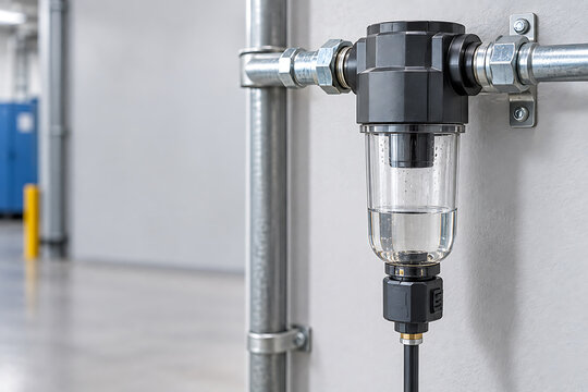 Industrial water filtration system installed on a metal pipe wall mount with water filter industrial plumbing water treatment water purification water quality pipe fitting plumbing equipment