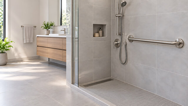 Modern tiled bathroom interior with glass shower enclosure and safety grab bar safety rail tiled wall accessible design shower head home improvement handicap access assisted living tiled floor