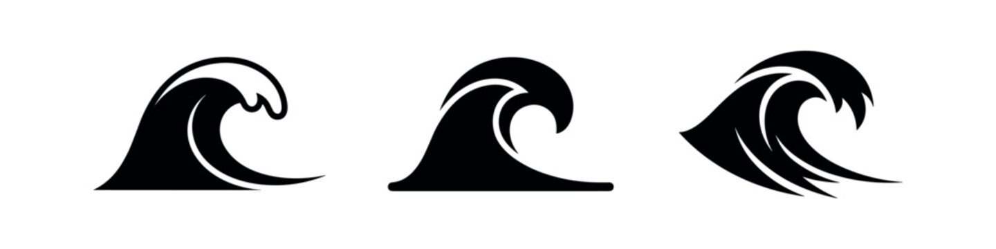 Collection of three black ocean and sea wave icons in different styles, symbolizing water movement.