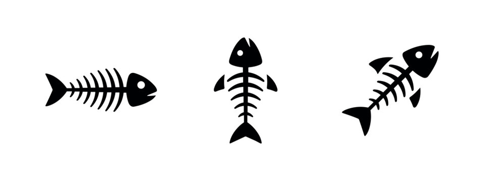 Fish skeleton and fish bone vector icons set in black and white