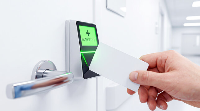 Electronic smart card access is validated by a digital reader with green illumination inside a sterile corporate environment with bright lighting.