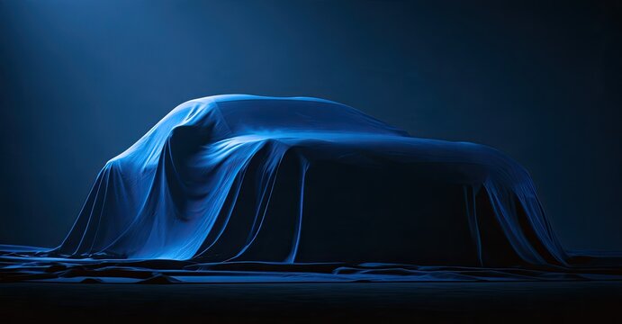 A new vehicle covered in a draped fabric, illuminated by dramatic blue lighting