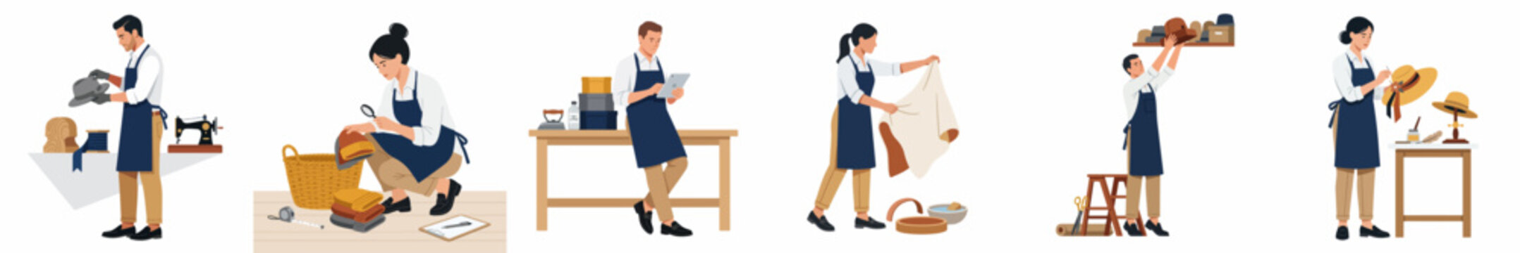 Illustration set of diverse artisans and craftspeople working in a studio environment, featuring sewing, dyeing, organizing, and hat making activities.