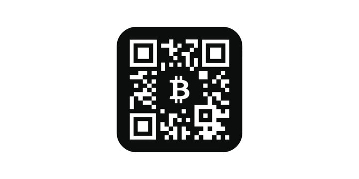 Bitcoin qr code scanner black flat icon for cryptocurrency payments.