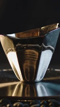Vertical video: Motor starting, jigger rotating on studio plate, showing interior and coffee beans