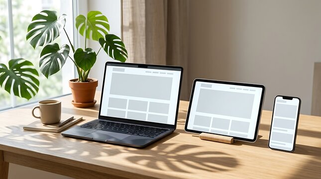 Responsive web design mockup on laptop tablet and smartphone on wooden desk