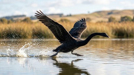 Naklejka premium Black Swan Accelerating Across a Calm Lake