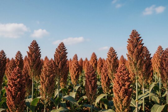 Field of ripe red sorghum plants under a bright blue sky with scattered clouds. The tall grain stalks have seed heads ready for harvest, representing agriculture and food production.