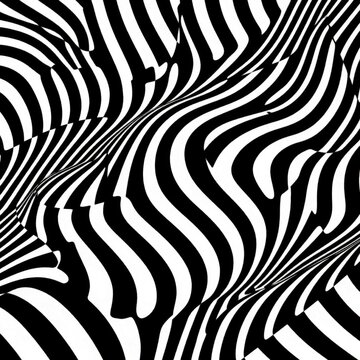 Black and white wavy stripes create a dynamic optical illusion pattern. The abstract lines distort, suggesting motion and depth. This monochrome design works well for backgrounds or graphic elements.