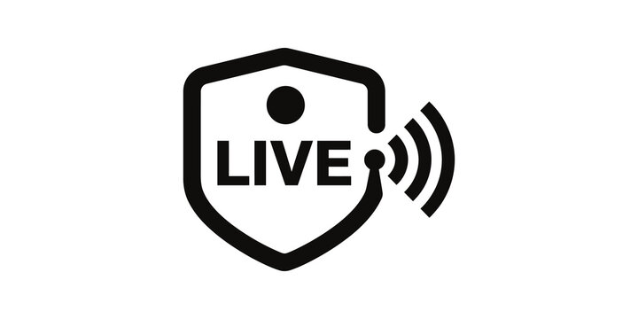 Live stream shield icon with signal waves for secure broadcasting app.