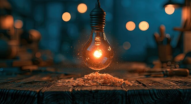 A glowing lightbulb illuminates wood shavings on a workbench, sparking creativity