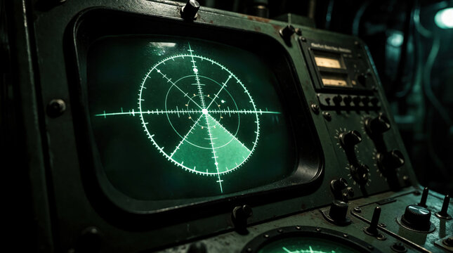 Military radar screen shows hostile targets on submarine control panel. Green glowing display tracks vessels, indicating tactical alert for naval warfare operations.