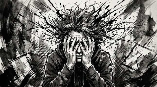 Distressed Person Hiding Face, Ink Sketch, Mental Health, Anxiety, Chaos
