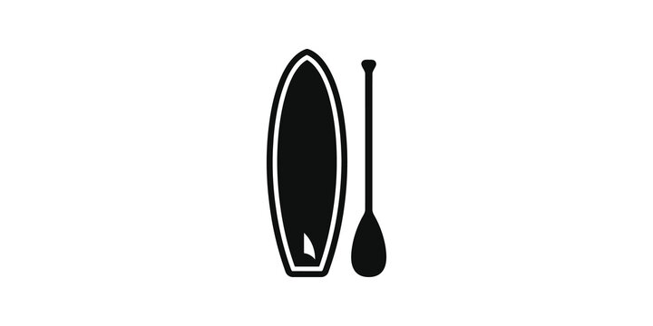 Black stand up paddleboard and paddle icon isolated on transparent.