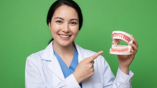 Female dentist with smile shows teeth model. Woman in lab coat points to dental anatomy, explains oral hygiene and health. Green background.
