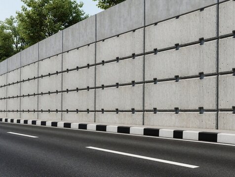Precast concrete panels form layered retaining wall beside road. This structure prevents soil erosion, divides ground levels. Tall barrier stands firm, offering road safety, landscape management.