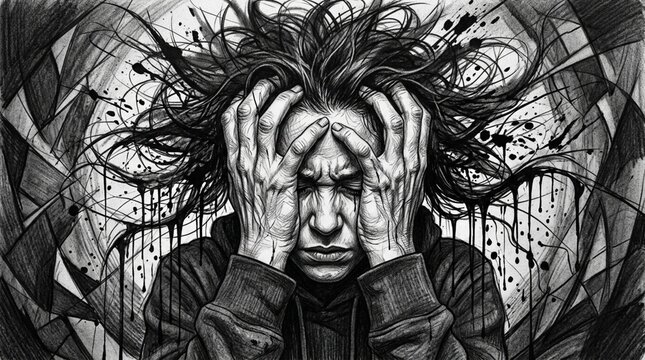 Distressed person holding head, chaos, mental breakdown, abstract art, black and white