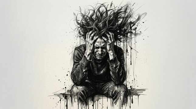 Distressed person with hands on head, mental health illustration