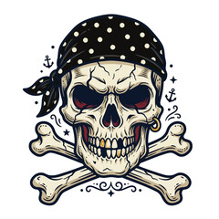 Fototapeta premium Scary Pirate Skull with Crossbones and Bandana - Illustration