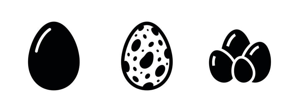 Set of three black egg icons, including plain, speckled, and a group of eggs.