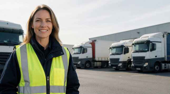 Smiling female inspector in hi vis vest stands before parked trucks. Woman oversees fleet operations at logistic depot. Pro supervision ensures safe cargo delivery and road transport.