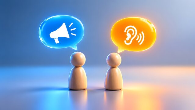 Two wooden figures with glowing speech bubbles showing a megaphone and an ear. Concept of active listening and effective corporate communication strategy.