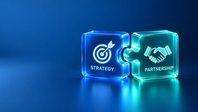 Two glowing glass puzzle pieces fitting together with strategy and partnership icons. Concept of successful business collaboration and corporate alliance.