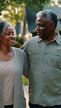 Vertical video: Walking senior pair linked arms leaning close on sidewalk, warm sun sparking smiles