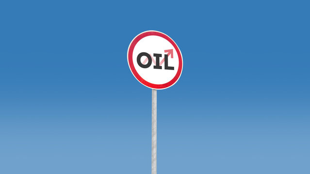Round road sign with the word oil and an arrow pointing up isolated against blue sky background for business finance concept