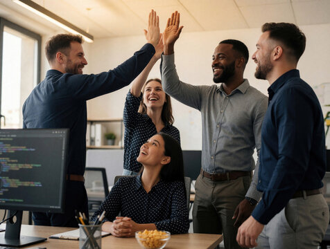 Diverse office team celebrates success with high five. Happy colleagues smile, cheer together in modern workspace. Group of pro coworkers achieve goal, feel relief after hard work. Positive business