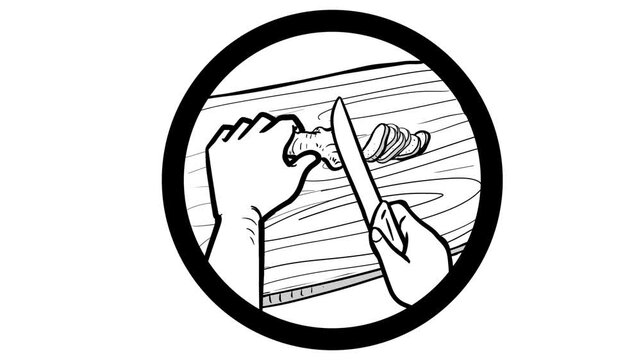 Cartoon hand cutting fresh ginger on wooden board animation, top view, black and white icon loop, spice food prep
