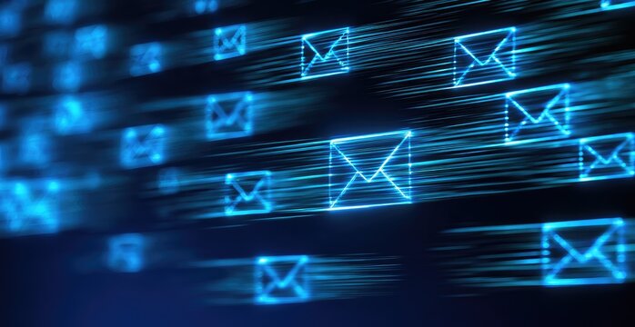 Abstract digital glowing envelopes moving rapidly in futuristic blue streams