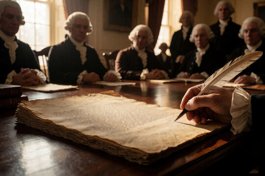 Men in colonial attire sign important document at wooden table. Founding fathers debate and write text with quill pens in historic room. Leaders form new nation.