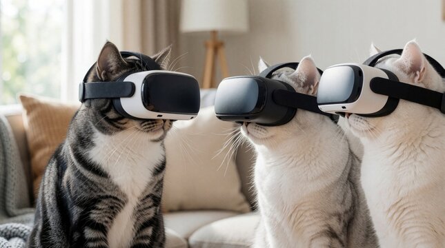 Three cute cats wear VR headsets in cozy living room. Domestic pets explore virtual reality world with modern tech gear. Group of funny kittens uses digital goggles for immersive gaming experience at