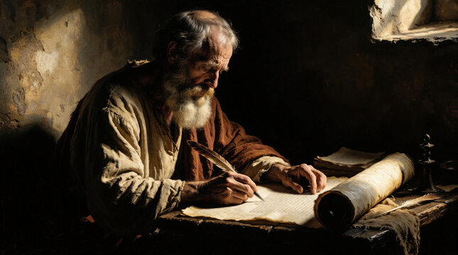 Elderly man writes letter with quill pen in dim room. He sits at desk with scrolls, papers. Inspired spiritual leader conveys message with devotion and hope.