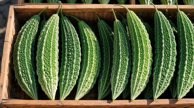 Ripe green bitter melons packed in wooden crate. Bumpy vegetable displayed at asian market stall. Healthy food, exotic ingredient for cooking.