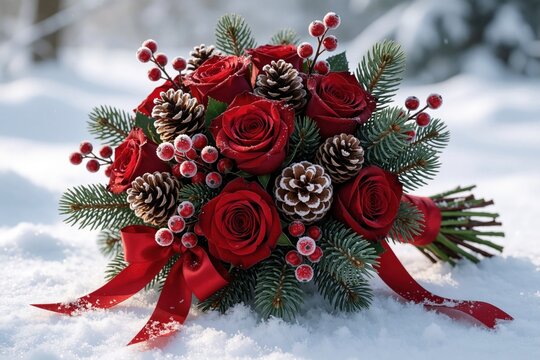 Beautiful bouquet of red roses, berries lies on fresh white snow. Festive floral arrangement with pine branches, pine cones, red ribbon creates romantic winter atmosphere. Seasonal holiday decoration