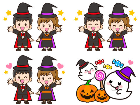 ハロウィンの仮装をする子供のイラスト素材セット