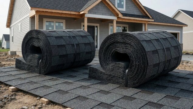 Rolls black shingles roof house construction rolled placed ground front two-story building gray exterior woode