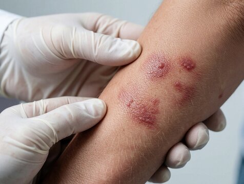 Doctor in gloves inspects patient arm showing red inflamed rash with blisters. Skin condition looks dry itchy and irritated, medical examination.