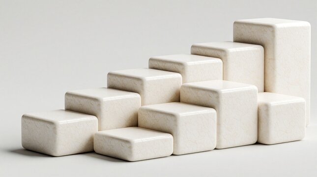 Seven ivory cubes form ascending stairs on plain backdrop. Geometric shapes create levels for product display or concept of progress, growth, and success.