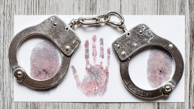 Handcuffs and fingerprints on paper concept for legal and criminal justice