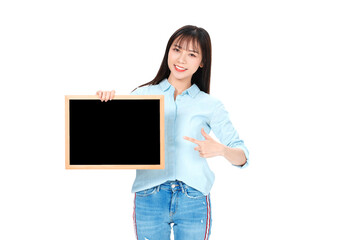 Young woman holding blank blackboard © CungTuan