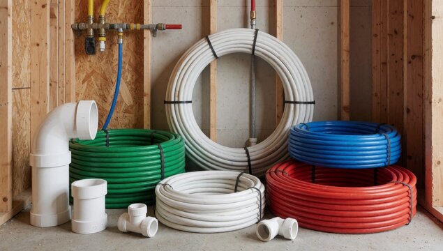 Collection pipes fittings room construction there different colors white green blue red orange arranged pile f