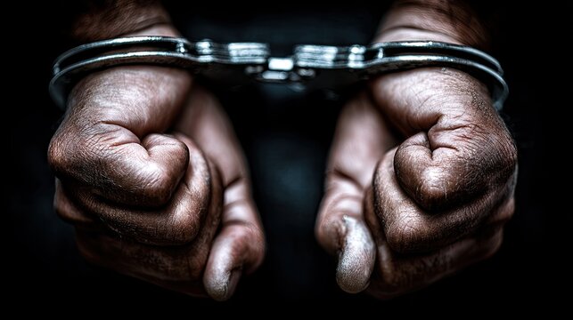 Hands in handcuffs closeup crime justice arrest concept dark background