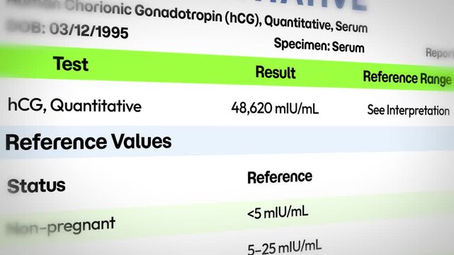 4k footage of hCG quantitative blood test result close up on medical lab report with green highlighted section