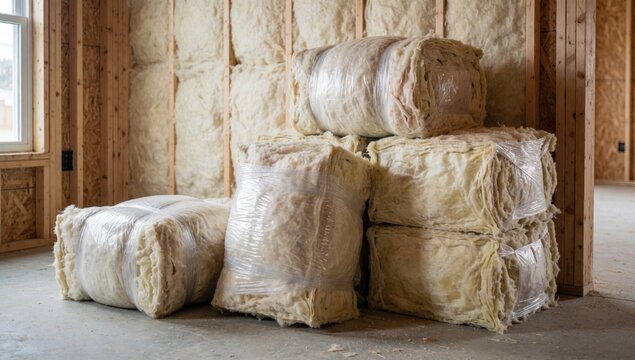 Pile stacks insulation unfinished room walls made wooden planks there window left side appears light-colored m