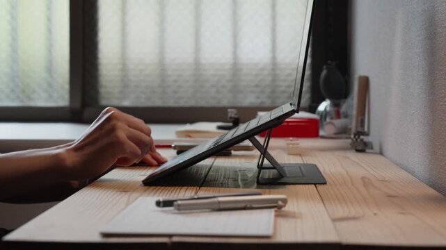Hand Resting Near Tablet on Wooden Desk Slow Motion 4K