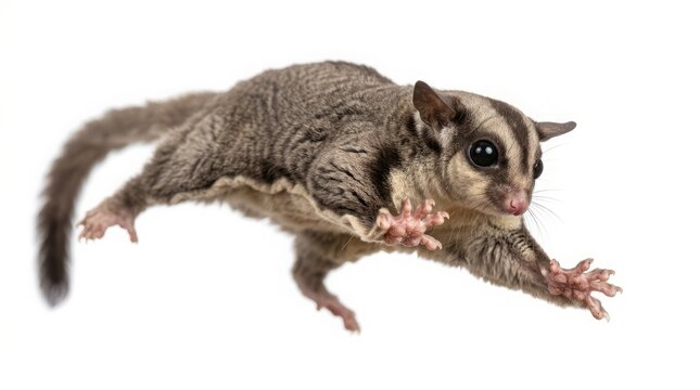 Majestic Sugar Glider in Mid-Air Gliding Motion Isolated on White Background