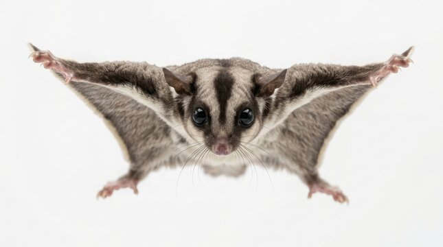 Majestic Sugar Glider in Mid-Air Gliding Motion Isolated on White Background